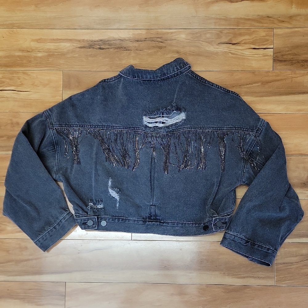 Blue B Distressed Cropped Denim Jacket Bling Rhinestone Fringe Black Size S/M
